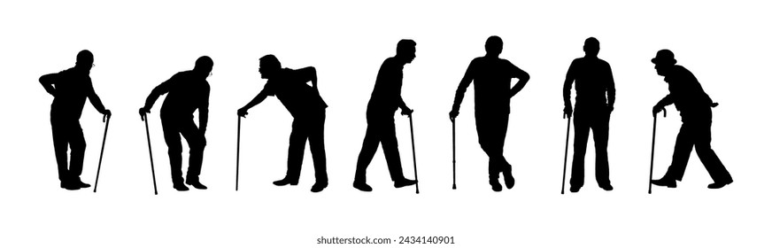 Elderly man with walking stick silhouette set. Silhouettes of senior man walking with cane vector.	