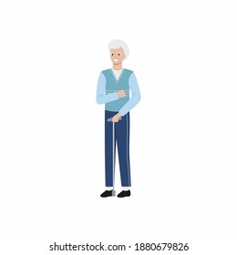 An elderly man with a walking stick. Vector character in flat style.