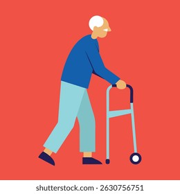 Elderly man walking with a walker on a red background