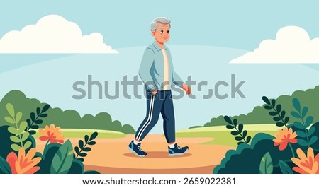 An elderly man walks along a path in a vibrant, sunny park setting.