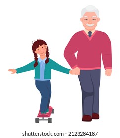 Elderly man walks with a little girl. Grandfather is holding his granddaughter's hand. Grandpa teaches the baby to ride a skateboard. Vector isolated flat illustration
