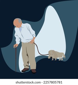 An elderly man walks lonely, leading a dog alone on the dark background Vector illustrations flat design concept for Demonstrates being under depression mode, loneliness, sadness, desolate old man.