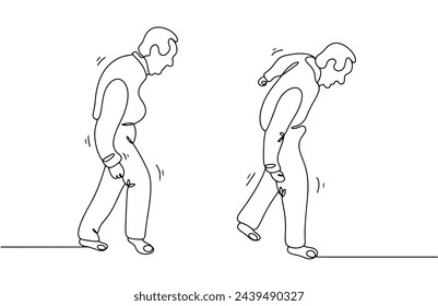 An elderly man walks with an uncertain gait. Poor balance and posture due to Parkinson's disease. World Parkinson's Day. Vector illustration on a white background.