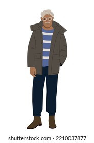 Elderly man in warm jacket. Grandfather in winter clothes to protect from cold and rain. Sticker for social networks. Model for posters or banners, magazines. Cartoon flat vector illustration