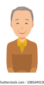 An elderly man wearing brown clothes is smiling