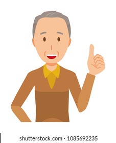 An elderly man wearing brown clothes is showing thumbs up