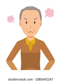 An elderly man wearing brown clothes is angry