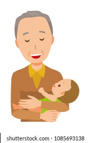 An elderly man wearing brown clothes holds a baby in his arm