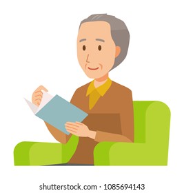 An elderly man wearing brown clothes is reading on a sofa