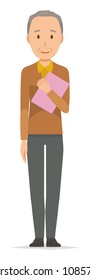 An elderly man wearing brown clothes has a file