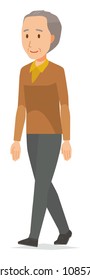 An elderly man wearing brown clothes is walking