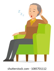 An elderly man wearing brown clothes is sleeping on a sofa