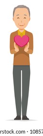 An elderly man wearing brown clothes has a heart mark