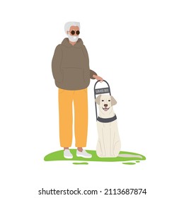 Elderly man wearing dark glasses standing. Guide dog helps elderly man. Service Dog. Seeing Eye dog. Thoroughbred animal. Animal is sitting. Light-colored short-haired dog. Flat vector illustration