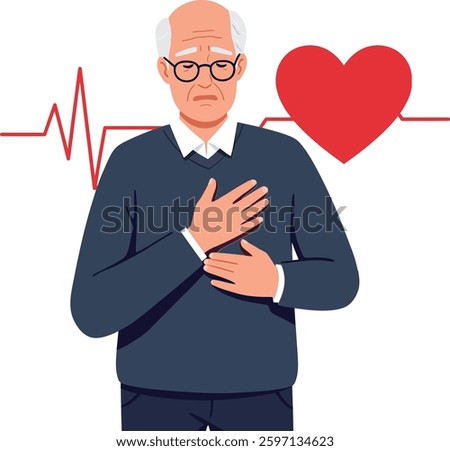 An elderly man, wearing glasses and a blue sweater, clutches his chest, indicating concern for his health, with a heartbeat line and heart symbol behind him.