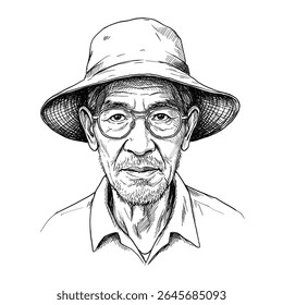 Elderly man wearing glasses and straw hat looking calm and wise. Portrait illustration concept
