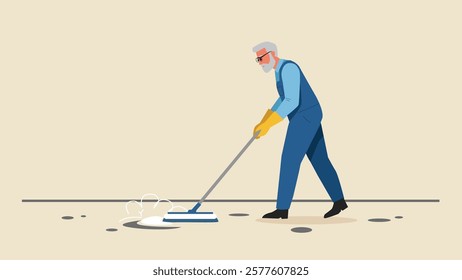 An elderly man wearing gloves and cleaning the floor with a mop in a tidy space, emphasizing cleanliness