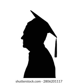 Elderly man wearing graduation cap side view face portrait black silhouette vector illustration.