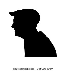 Elderly man wearing hat side profile black silhouette.	