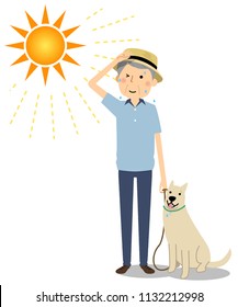 Elderly man wearing a hat walking a dog