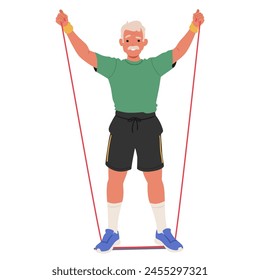 Elderly Man Wearing Shorts, Footwear And T-shirt Exercising With A Resistance Band, Focusing On His Leg and Arm Muscles. Fit Aged Male Character Doing Exercises. Cartoon People Vector Illustration