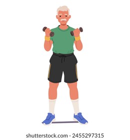 Elderly Man Wearing T-shirt And Shorts Lifting Dumbbells. Old Male Character Exercises With Weight Promote Strength, Flexibility, Healthy Lifestyle And Overall Health. Cartoon Vector Illustration