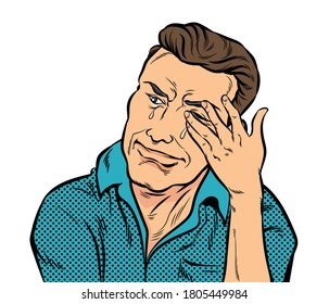 An Elderly Man Wept And Wiped Away Tears. Pop Art Vector Illustration On A White Background