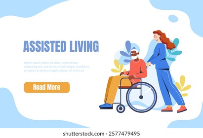 Elderly man in a wheelchair assisted by a caregiver, surrounded by abstract leaves on a light background. Concept of care, support, and assisted living. Vector illustration