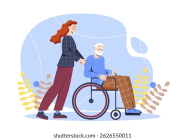 Elderly man in a wheelchair being pushed by a young woman, flat style, abstract blue background with leaves, concept of caregiving and support. Vector illustration