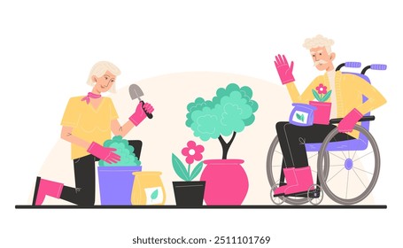 An elderly man in a wheelchair are gardening with his wife