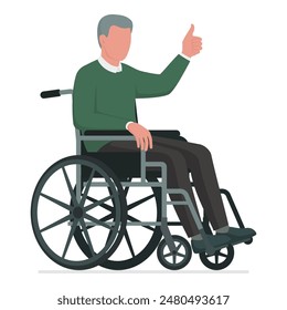 Elderly man in a wheelchair giving a thumbs up, assistance and senior care concept