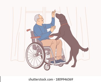 An elderly man in a wheelchair is playing with his dog. Lives a full life despite his disability and enjoys the moments. Colorful flat vector illustration.