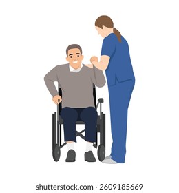 Elderly man in a wheelchair receives compassionate assistance from a caregiver. Flat vector illustration isolated on white background