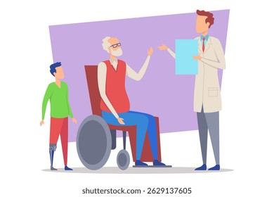 Elderly man in wheelchair receiving advice from doctor while young boy with prophetic leg standing nearby, creating moment of care and connection