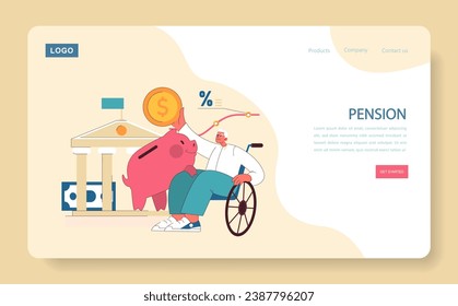 Elderly man in wheelchair showcases pension planning, depositing coin into a piggy bank beside a classical bank building. Rising percentage graph indicates growth. Flat vector illustration.