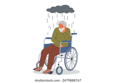 Elderly man in wheelchair suffers from loneliness and lack of access to walks, sitting under rain cloud. Human in wheelchair needs psychological support and treatment after developing leg problems