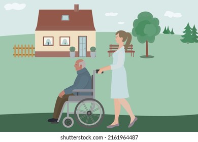 Elderly man in a wheelchair walking. Vector illustration 