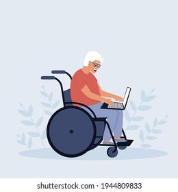 An elderly man in a wheelchair works on a laptop. A pensioner in a wheelchair. The concept of an accessible environment for people with disabilities. Flat vector illustration.