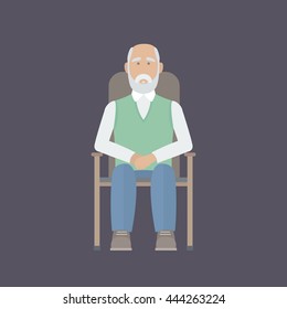 An elderly man with a white beard sitting in a chair with his arms crossed. Vector Illustration.