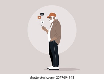 An elderly man with a white beard, sporting large-framed glasses and wearing a red cap, engrossed in his smartphone