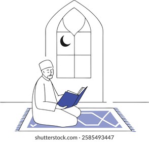 An elderly man in a white robe reading the Quran by a moonlit window, representing wisdom and devotion in Ramadan.