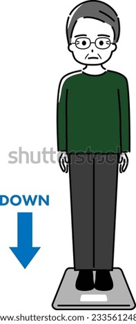 An elderly man who gets on a weight scale and worries about weight loss