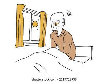 An elderly man who greeted the morning without sleeping  comical handwritten person illustration  simple coloring vector line drawing