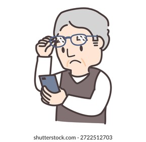 Un anciano que tiene dificultades para ver su teléfono inteligente debido a la presbicia y tiene que mover sus gafas.