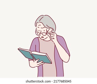 elderly man who has eye pain and poor vision, Long sighted, Glaucoma. Hand drawn style vector design illustrations.