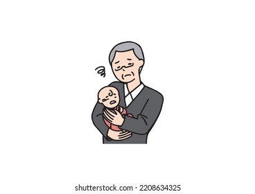 An elderly man who is having trouble handling his baby Simple line illustration of a person