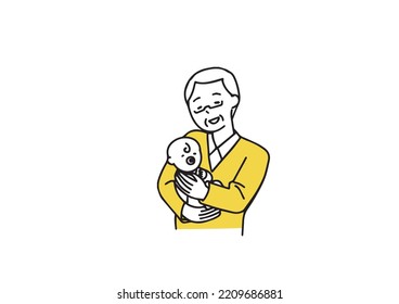 An elderly man who is having trouble handling his baby Simple line illustration of a person