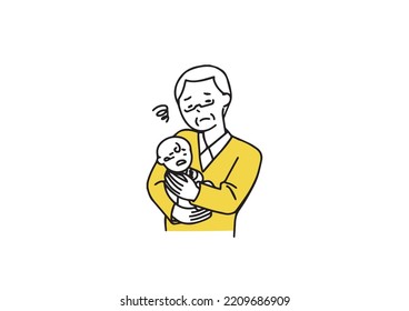 An elderly man who is having trouble handling his baby Simple line illustration of a person