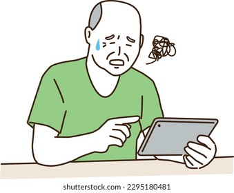 An elderly man who is in trouble while holding a tablet
