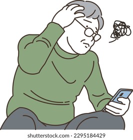 Elderly man who is in trouble while holding a smartphone
